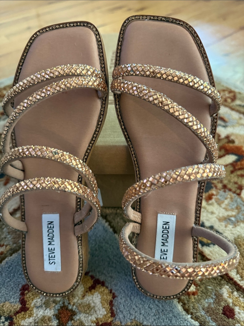 Steve Madden Rose Gold Braided Strap Square Toe Slide Sandals